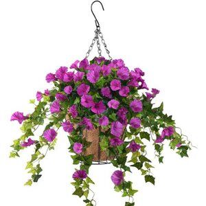 Artificial Vine Silk Petunia Flowers Hanging Plant in Basket, Coconut Lining